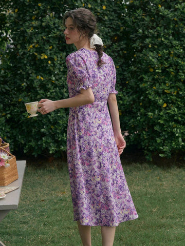 Ladies' Printed V-Neck Puff Sleeve Midi Dress With Patchwork