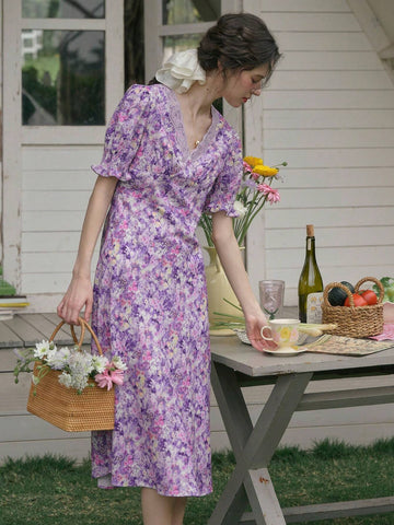 Ladies' Printed V-Neck Puff Sleeve Midi Dress With Patchwork