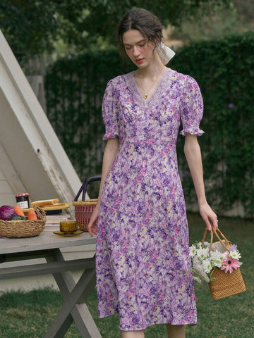 Ladies' Printed V-Neck Puff Sleeve Midi Dress With Patchwork