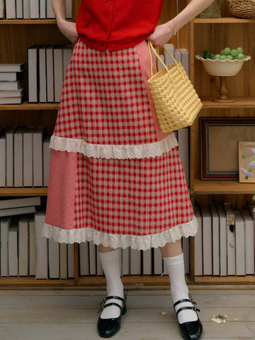 Simple Retro Ladies" Spliced Color Block Lace Beach Vacation Style Skirt