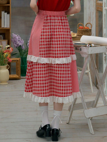 Simple Retro Ladies" Spliced Color Block Lace Beach Vacation Style Skirt