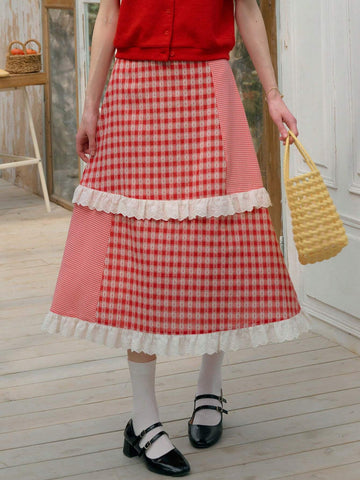 Simple Retro Ladies" Spliced Color Block Lace Beach Vacation Style Skirt