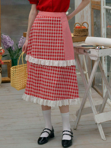 Simple Retro Ladies" Spliced Color Block Lace Beach Vacation Style Skirt