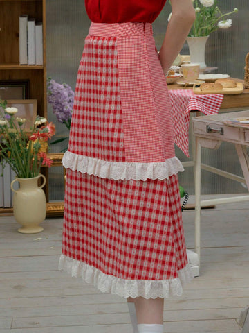 Simple Retro Ladies" Spliced Color Block Lace Beach Vacation Style Skirt