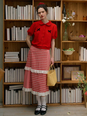 Simple Retro Ladies" Spliced Color Block Lace Beach Vacation Style Skirt