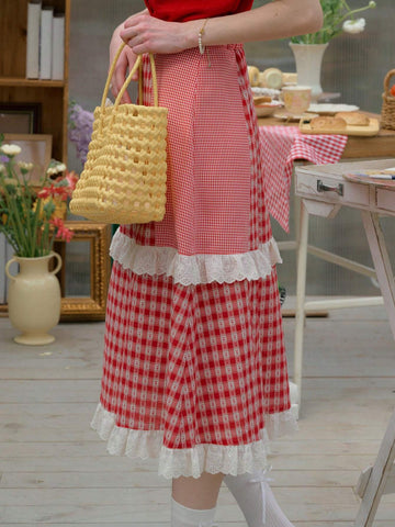 Simple Retro Ladies" Spliced Color Block Lace Beach Vacation Style Skirt