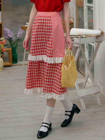 Simple Retro Ladies" Spliced Color Block Lace Beach Vacation Style Skirt