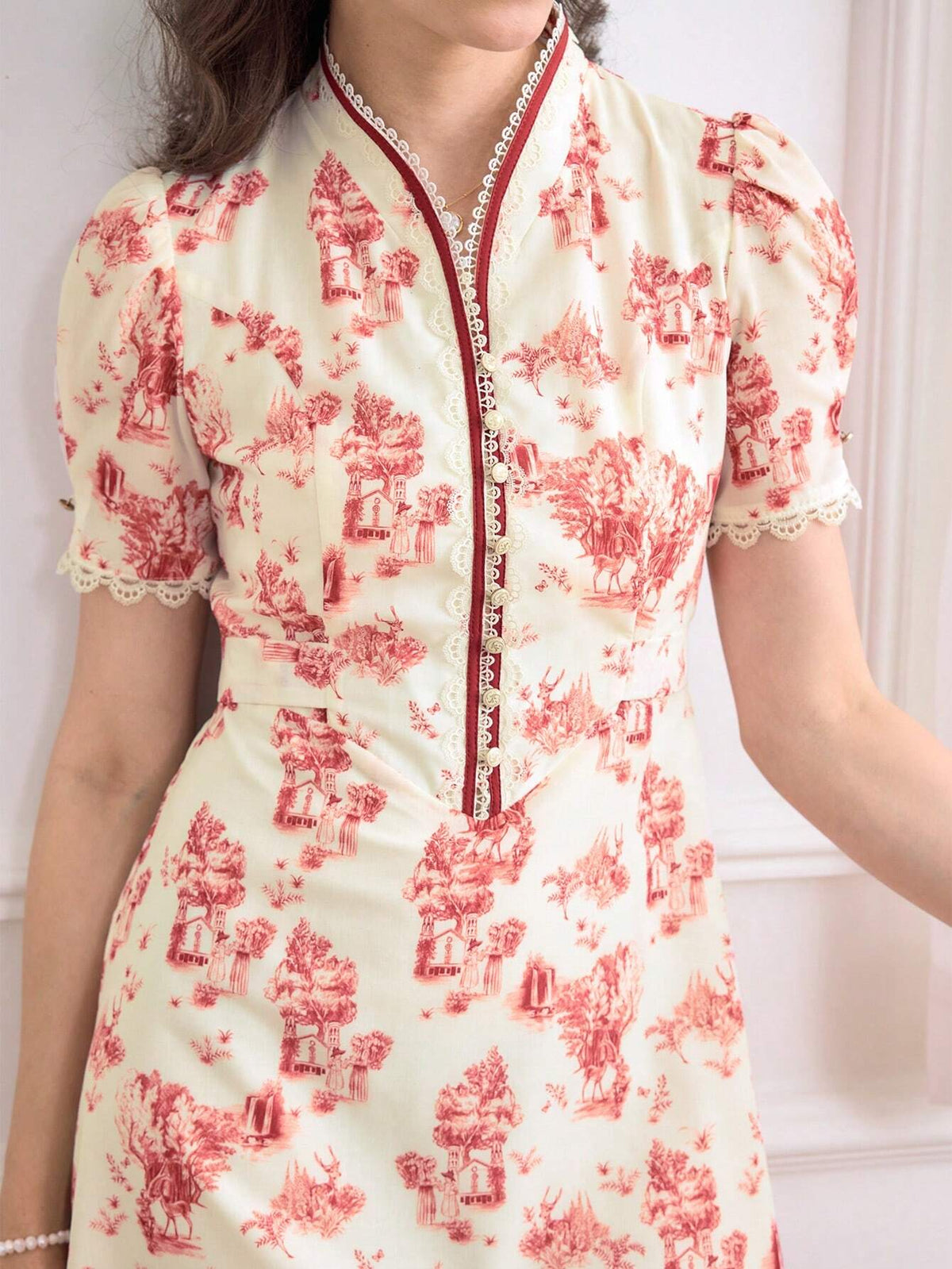 Simple Retro Polyester Shaped Shawl Collar Print Midi Dress