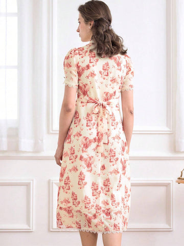 Simple Retro Polyester Shaped Shawl Collar Print Midi Dress