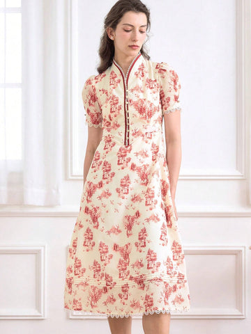 Simple Retro Polyester Shaped Shawl Collar Print Midi Dress