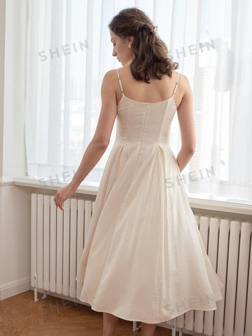 Simple Retro Solid Fold Pleated Detail Cami Dress