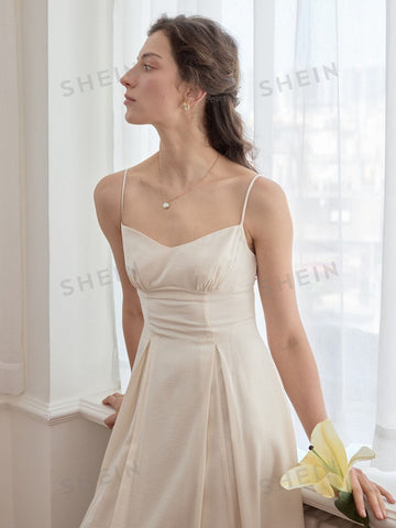 Simple Retro Solid Fold Pleated Detail Cami Dress