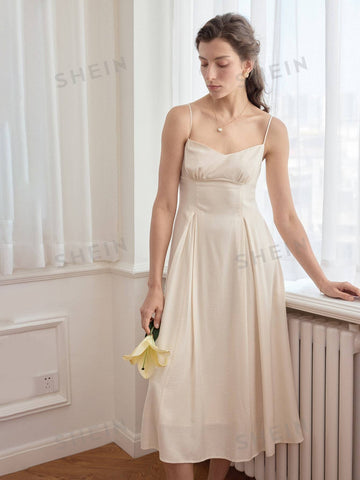 Simple Retro Solid Fold Pleated Detail Cami Dress