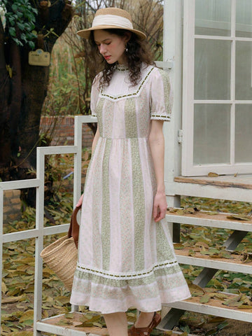 Simple Retro Women Long Holiday Style Collared Patchwork Color Block Printed Dress