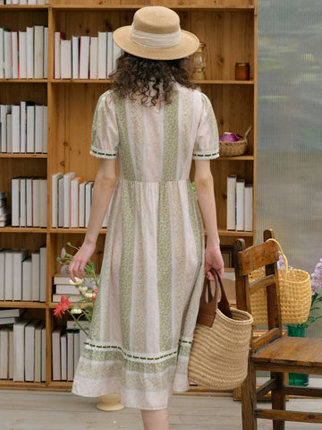 Simple Retro Women Long Holiday Style Collared Patchwork Color Block Printed Dress