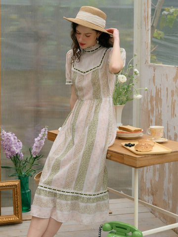 Simple Retro Women Long Holiday Style Collared Patchwork Color Block Printed Dress
