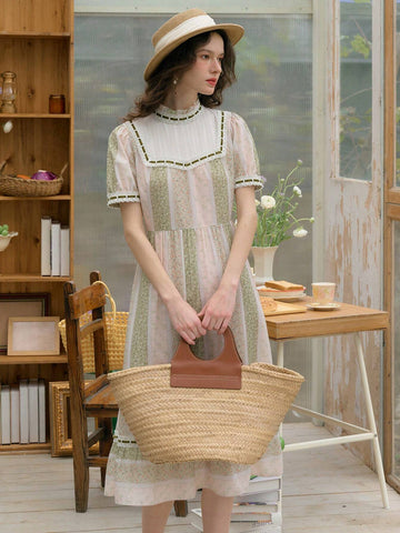 Simple Retro Women Long Holiday Style Collared Patchwork Color Block Printed Dress