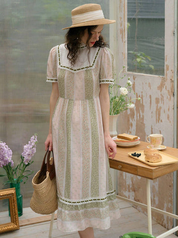 Simple Retro Women Long Holiday Style Collared Patchwork Color Block Printed Dress