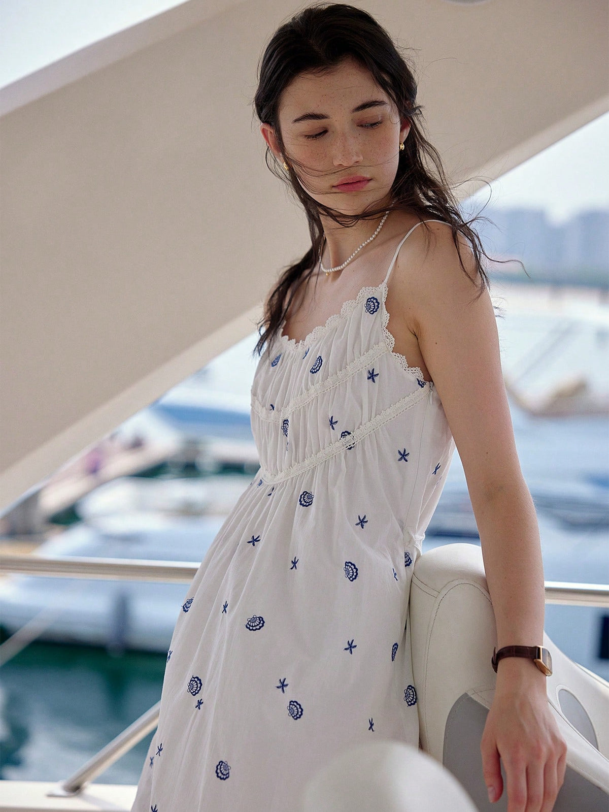Simple Retro Women Ocean Round Neck Slip Dress