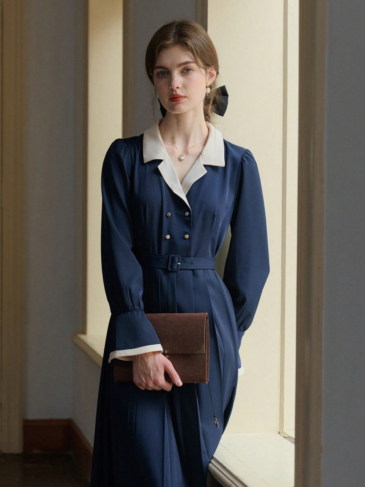 Simple Retro Women Patchwork Neck Button Long Dress