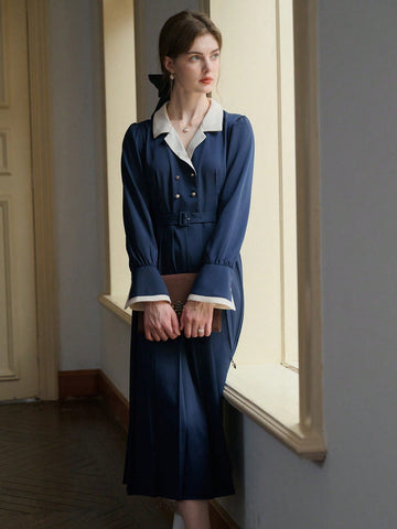 Simple Retro Women Patchwork Neck Button Long Dress