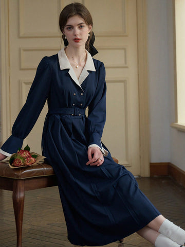 Simple Retro Women Patchwork Neck Button Long Dress