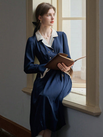 Simple Retro Women Patchwork Neck Button Long Dress
