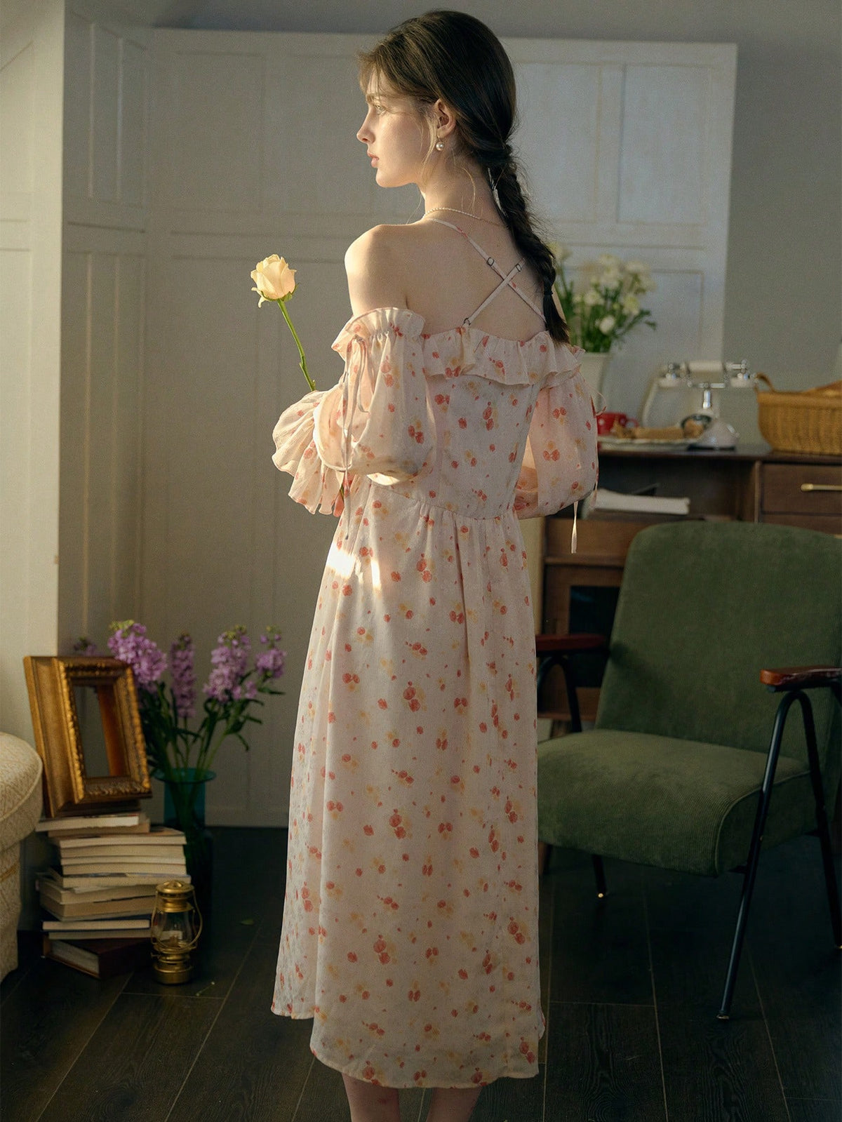Simple Retro Women Ruffle Lantern Sleeve Slip Dress