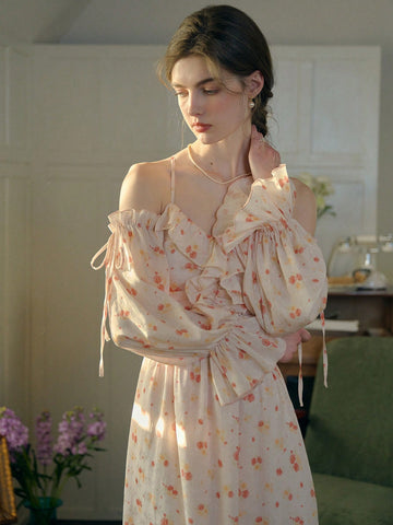 Simple Retro Women Ruffle Lantern Sleeve Slip Dress