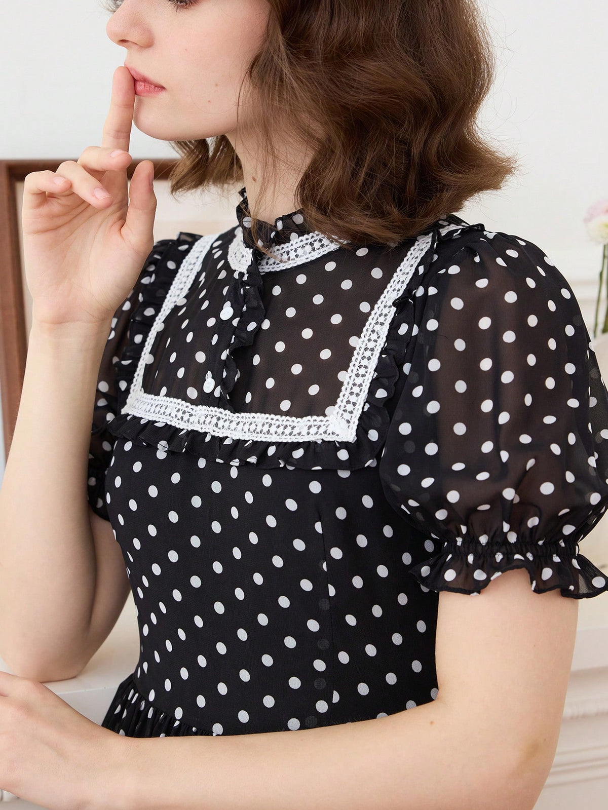 Simple Retro Women Turtleneck Polka Dot Puff Sleeve Dress