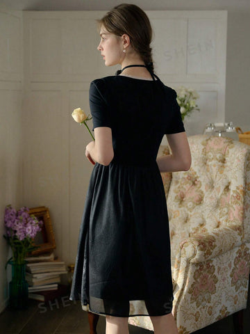 Simple Retro Women's Color Block Lace & Diamond-Studded Collar Dress With Flower Pattern Border