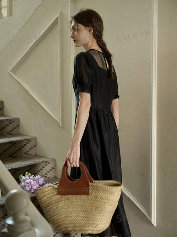 Simple Retro Women's Embroidery Mesh Panel Joint Sleeveless Dress
