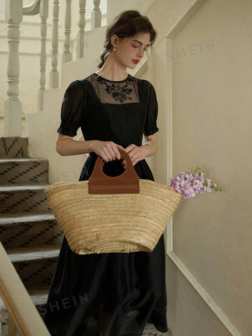 Simple Retro Women's Embroidery Mesh Panel Joint Sleeveless Dress