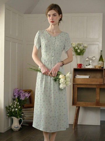 Simple Retro Women's Floral Print Petal Sleeve Dress