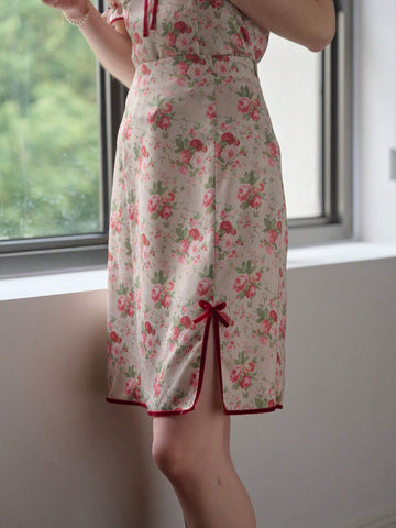 Simple Retro Women's Full Bloom Floral Print Contrast Trim Split Midi Skirt