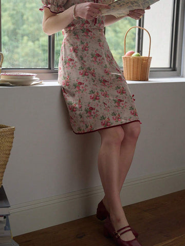 Simple Retro Women's Full Bloom Floral Print Contrast Trim Split Midi Skirt