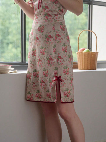Simple Retro Women's Full Bloom Floral Print Contrast Trim Split Midi Skirt
