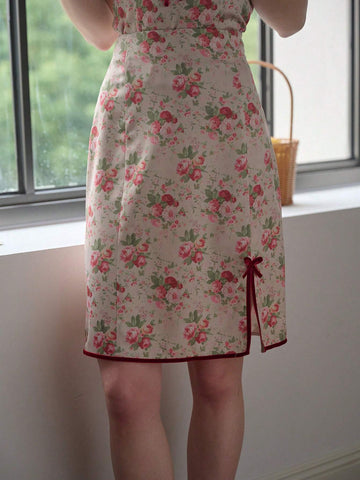 Simple Retro Women's Full Bloom Floral Print Contrast Trim Split Midi Skirt