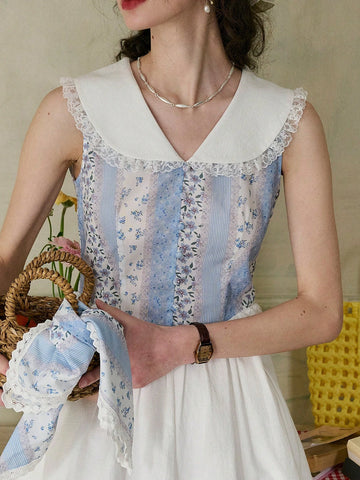 Simple Retro Women's Peter Pan Collar Printed Splice Vest Dress (Floral Print May Not Be In Exact Position Due To Cutting)