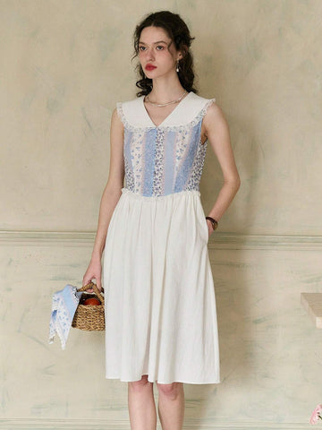 Simple Retro Women's Peter Pan Collar Printed Splice Vest Dress (Floral Print May Not Be In Exact Position Due To Cutting)