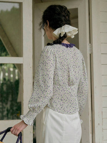Simple Retro Women's Printed Patchwork V-Neck Casual Shirt