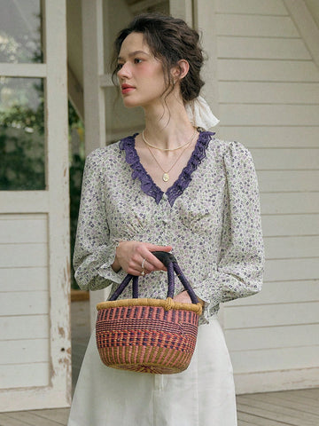 Simple Retro Women's Printed Patchwork V-Neck Casual Shirt
