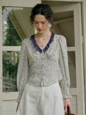 Simple Retro Women's Printed Patchwork V-Neck Casual Shirt