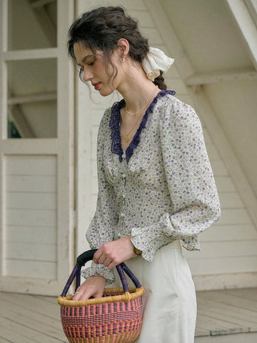 Simple Retro Women's Printed Patchwork V-Neck Casual Shirt
