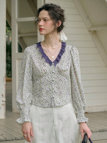 Simple Retro Women's Printed Patchwork V-Neck Casual Shirt