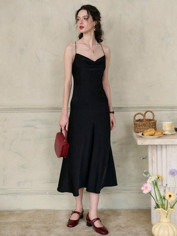 Simple Retro Women's Solid Color Bowknot Backless Cami Dress