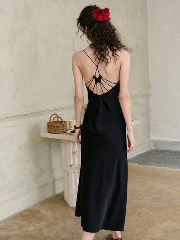 Simple Retro Women's Solid Color Bowknot Backless Cami Dress