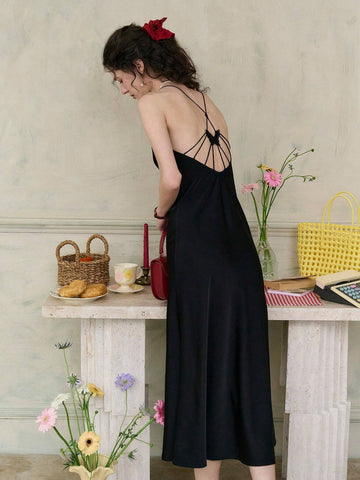 Simple Retro Women's Solid Color Bowknot Backless Cami Dress
