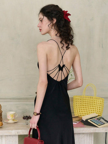 Simple Retro Women's Solid Color Bowknot Backless Cami Dress