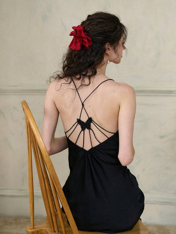 Simple Retro Women's Solid Color Bowknot Backless Cami Dress
